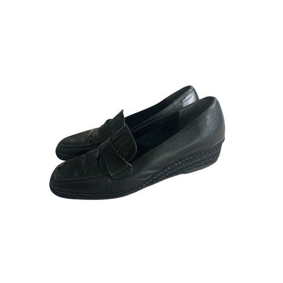 ANDRE ASSOUS Black Leather Low Loafers Wedges Size 8.5 - Picture 5 of 6